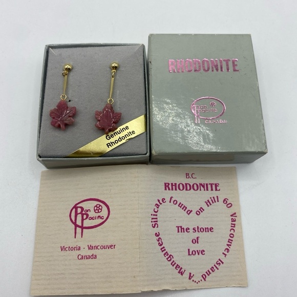 pan pacific Jewelry - Gold Plated earrings with Carved pink Rhodonite leaves 1.5”